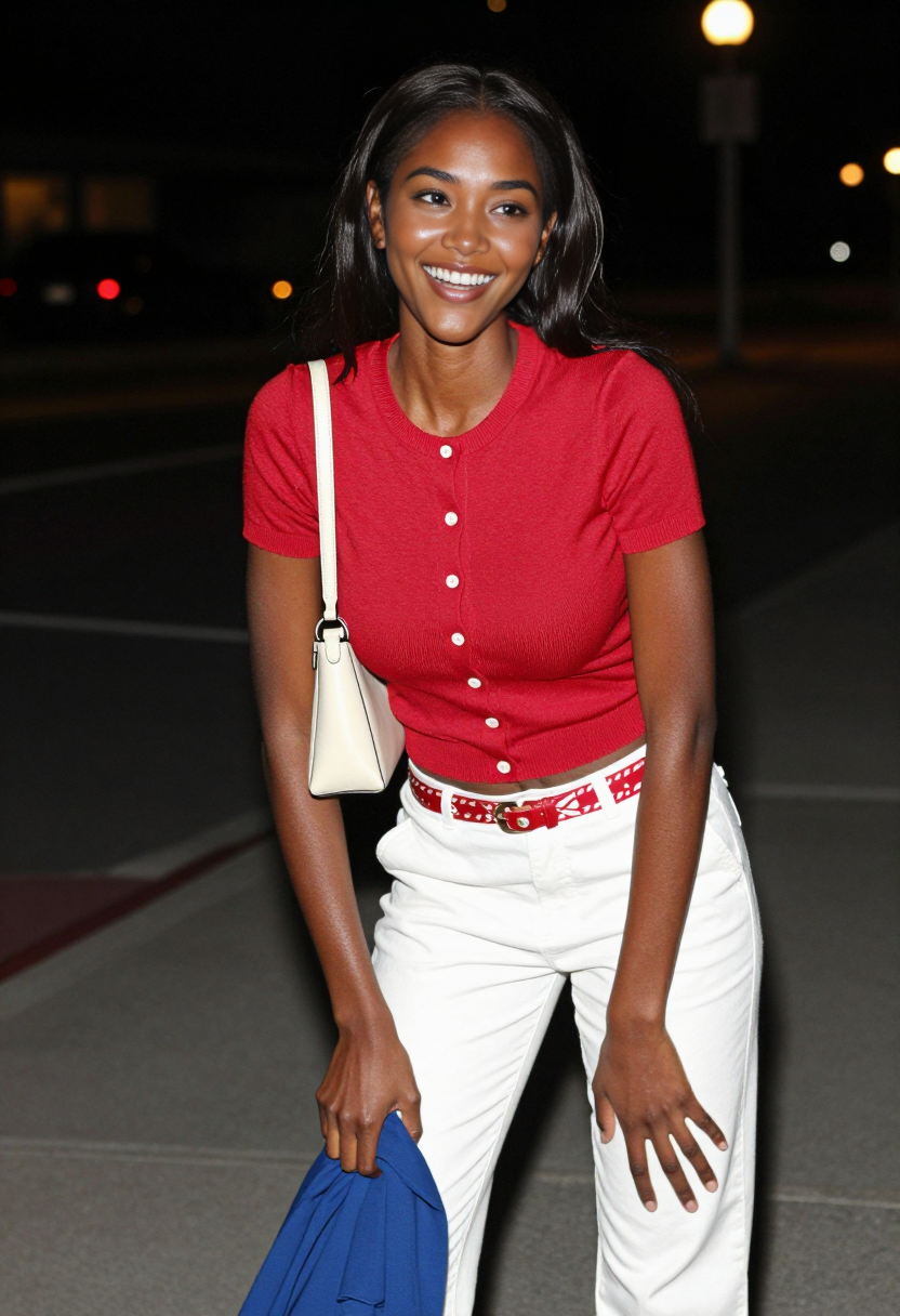 Red Button Up Top And White Pants With Red Belt