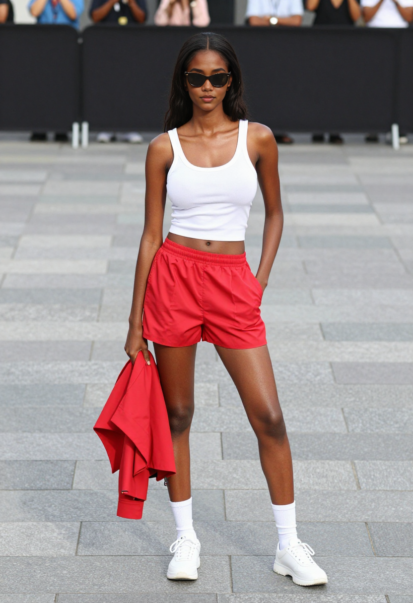 White Crop Tank And Red Shorts With White Sneakers