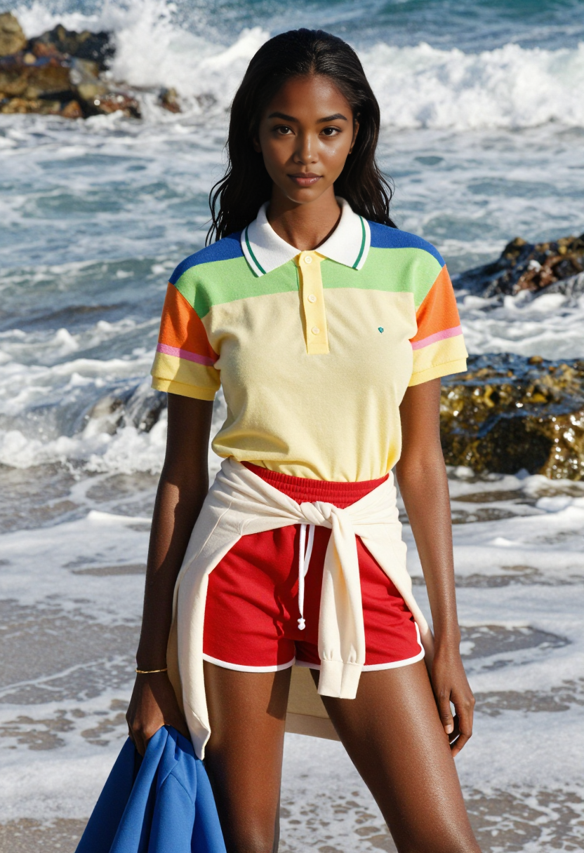 Yellow Polo Shirt With Rainbow Stripes And Red Shorts