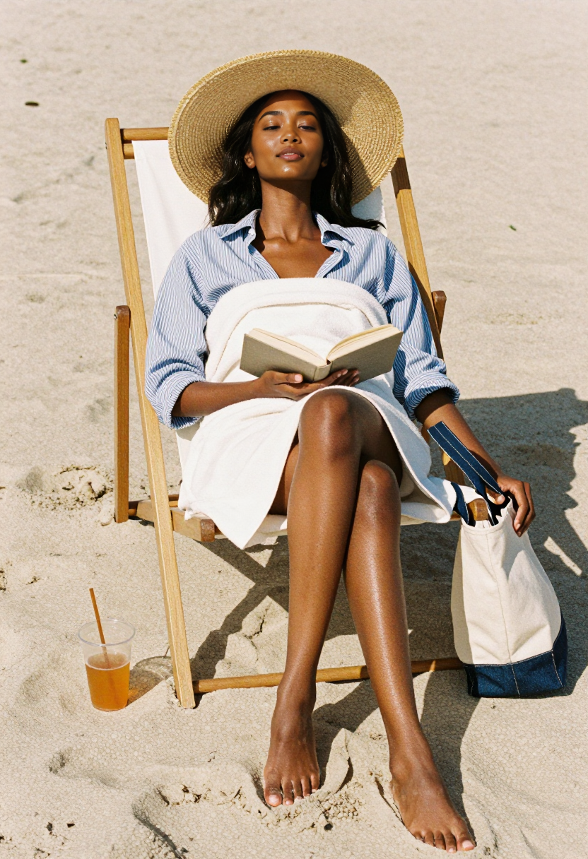 Straw Hat And Blue Striped Shirt With White Towel
