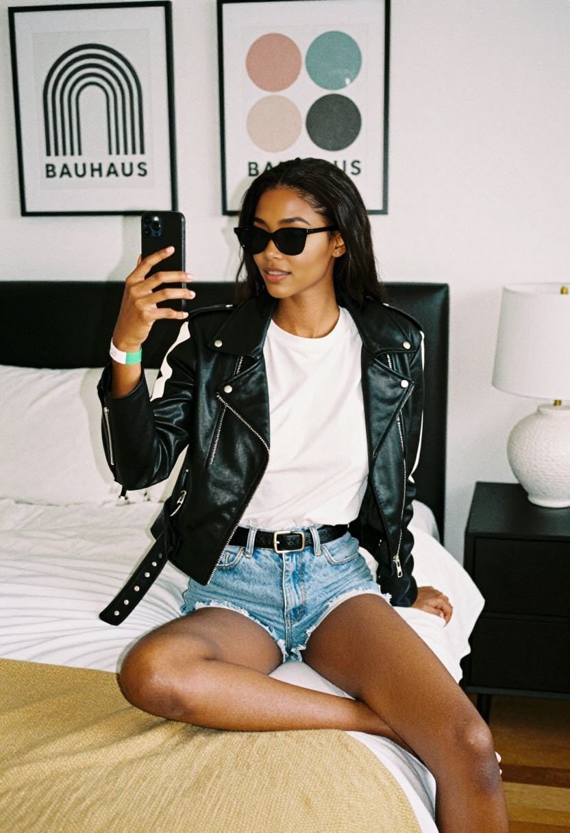 Black Leather Jacket And White Tee With Blue Denim Shorts