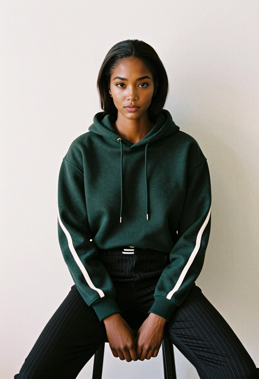Green Hoodie With White Stripes And Black Pinstripe Pants