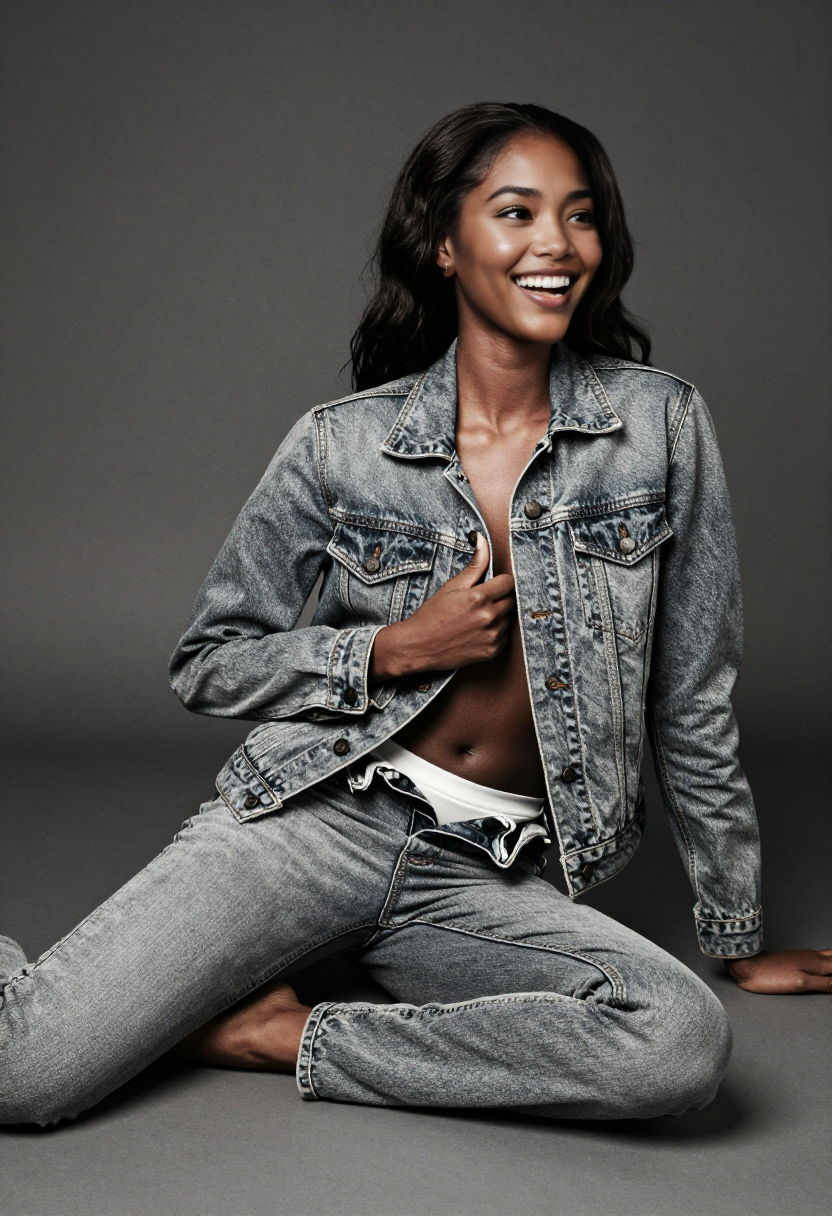 Light Wash Denim Jacket And Matching Jeans With White Underwear
