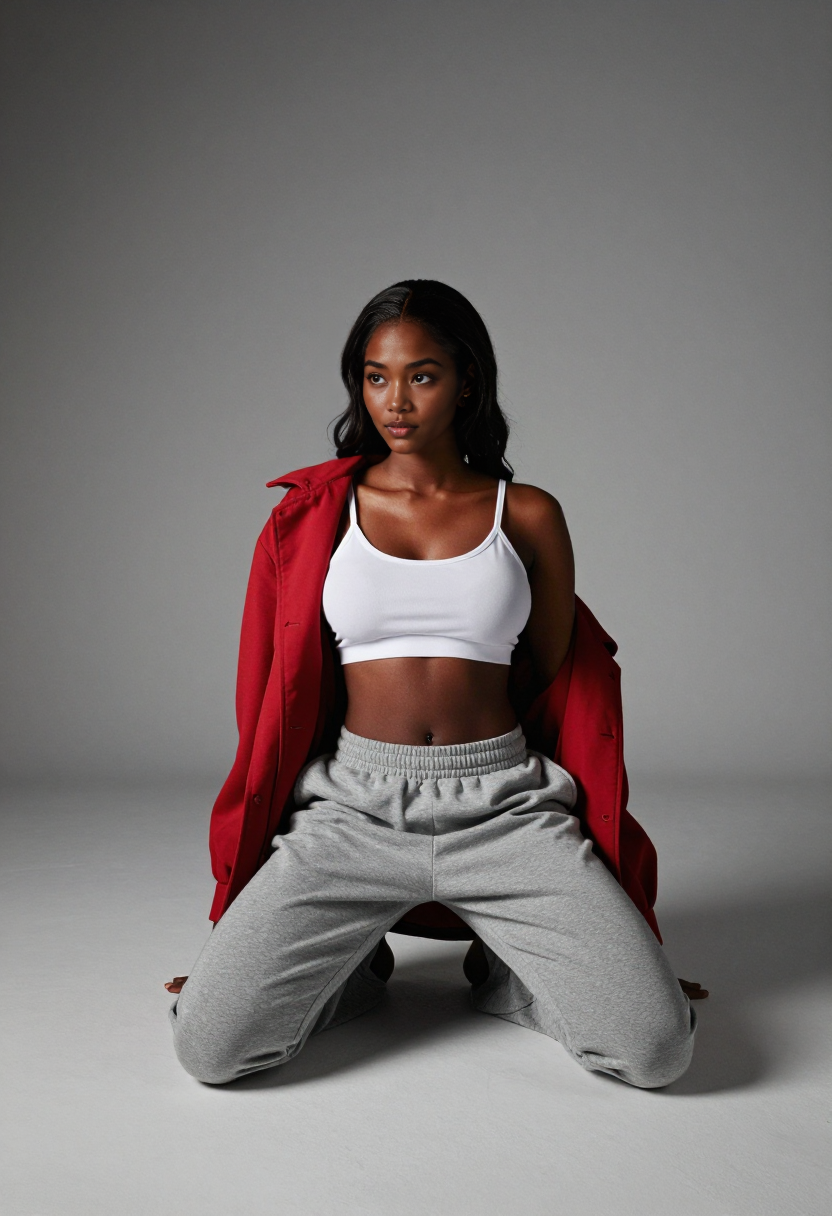 White Crop Top And Grey Sweatpants With Red Jacket