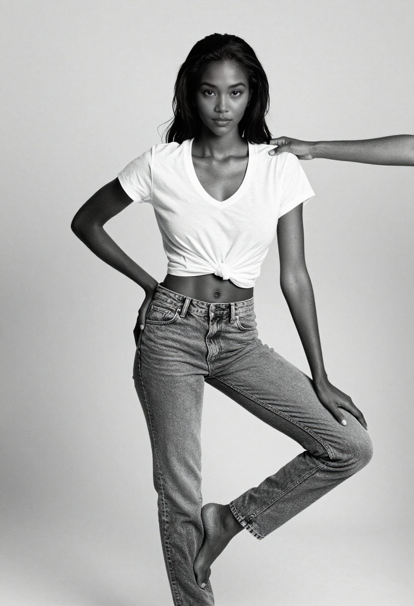 White Knotted V Neck Tee And High Waisted Jeans