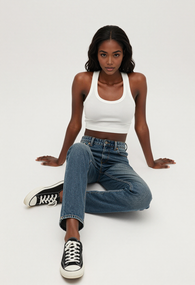 White Ribbed Crop Top And Blue High Waisted Jeans