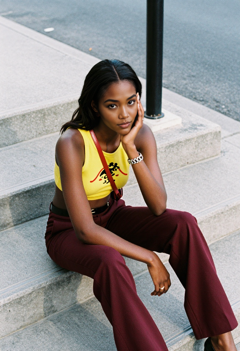 Yellow Graphic Tank Top And Burgundy Wide Leg Pants