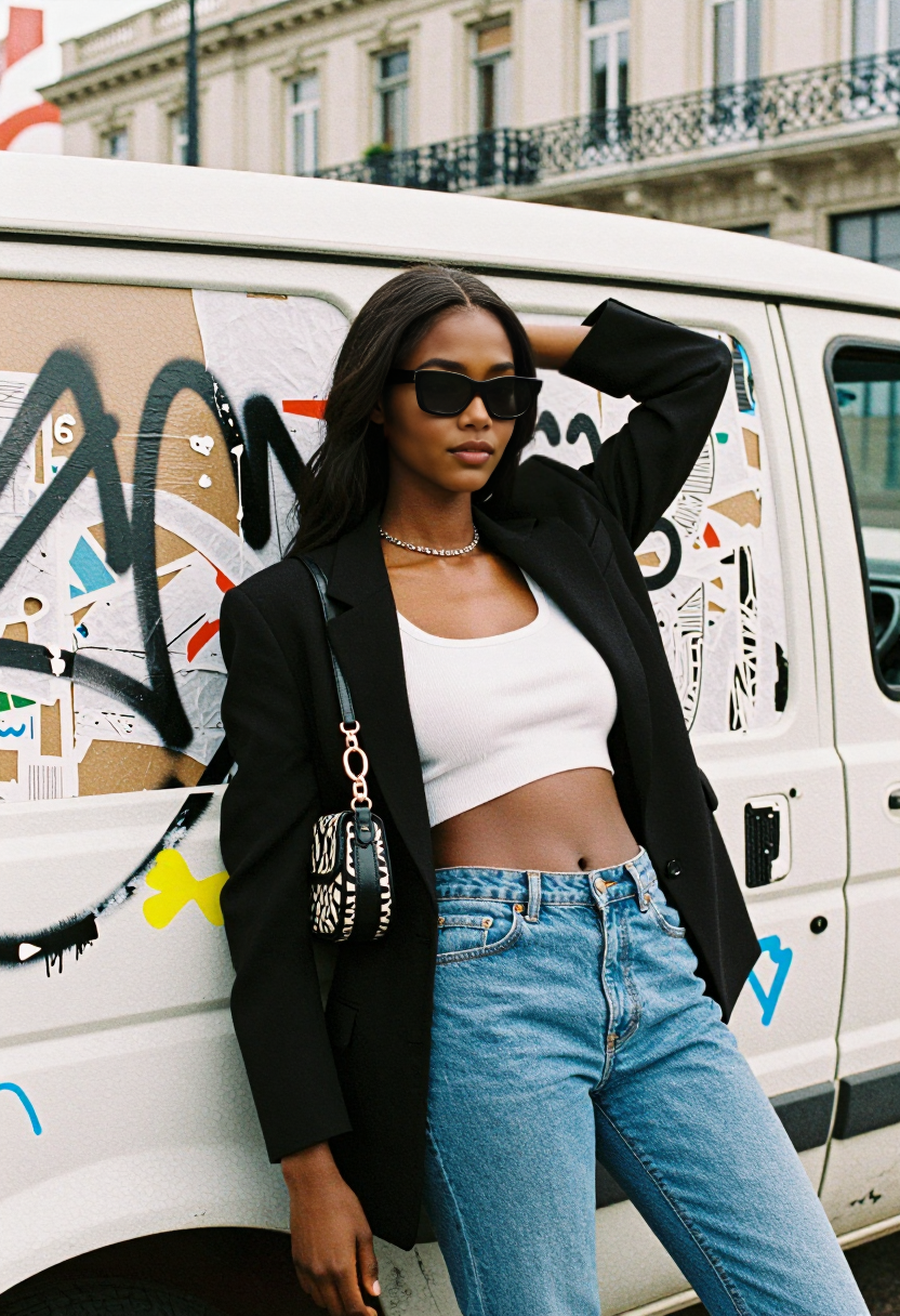 Black Blazer And White Crop Top With Blue Jeans