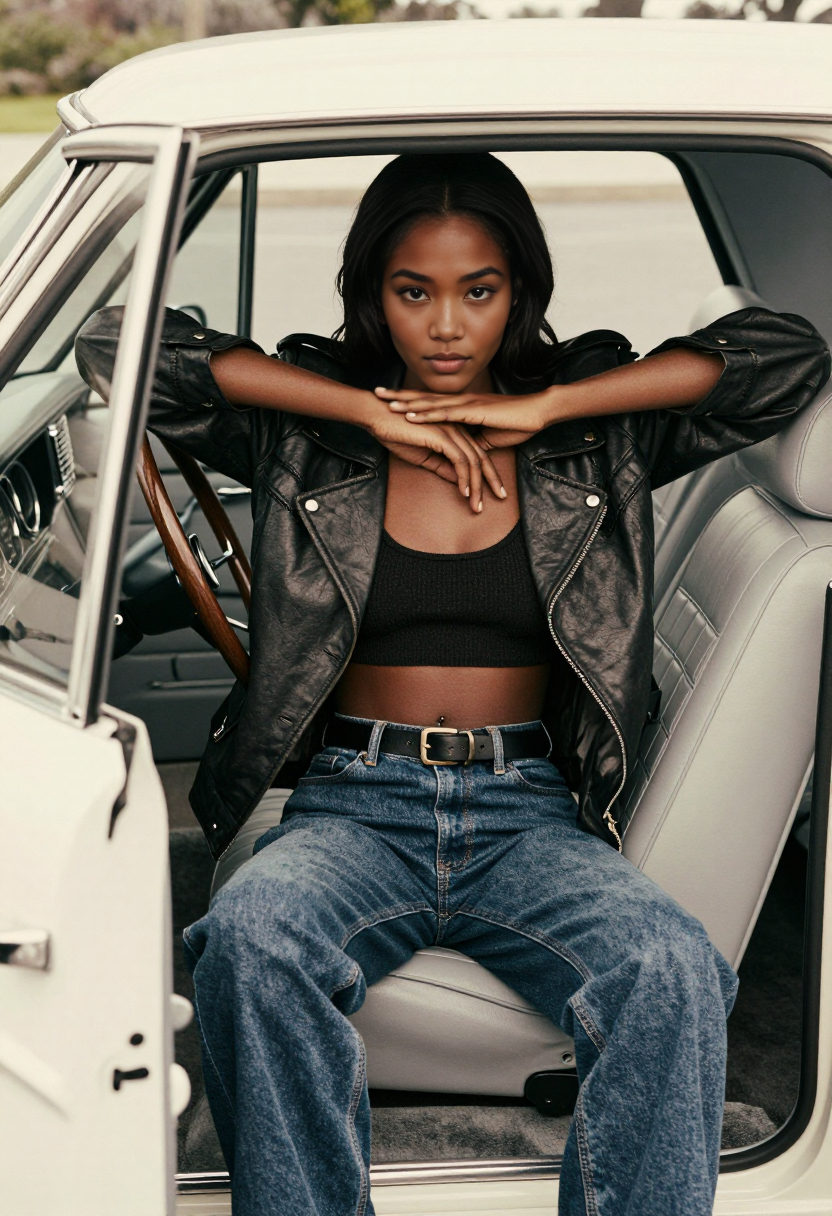Black Leather Jacket And Blue Jeans
