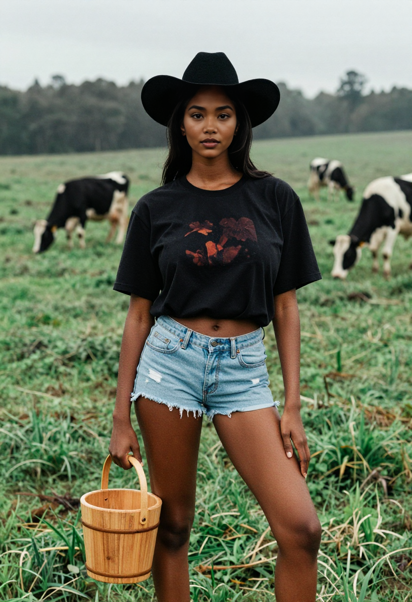 Black Cowboy Hat Black Graphic Tee And Denim Shorts