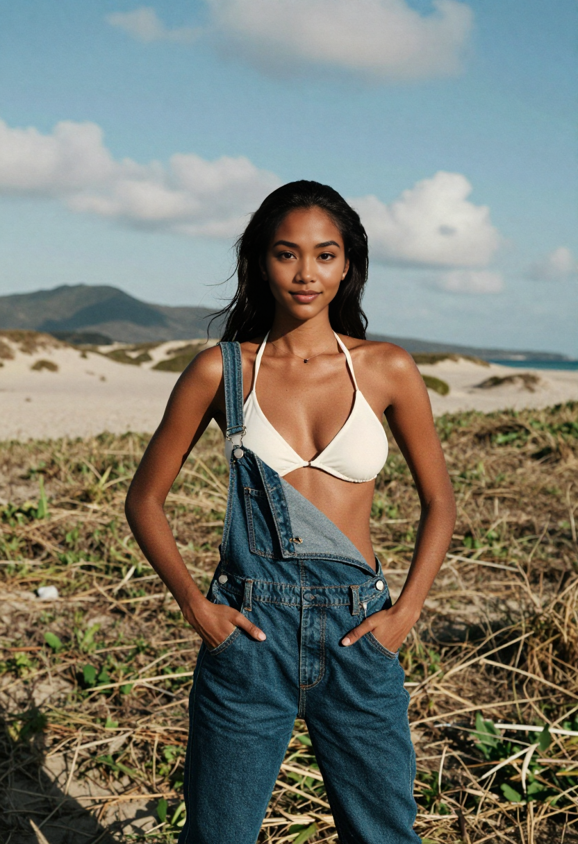 White Bikini Top And Blue Denim Overalls