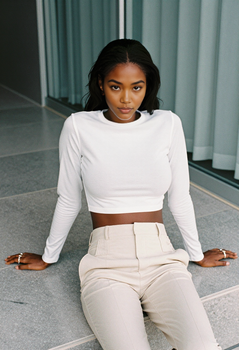 White Long Sleeve Crop Top And Beige High Waist Trousers