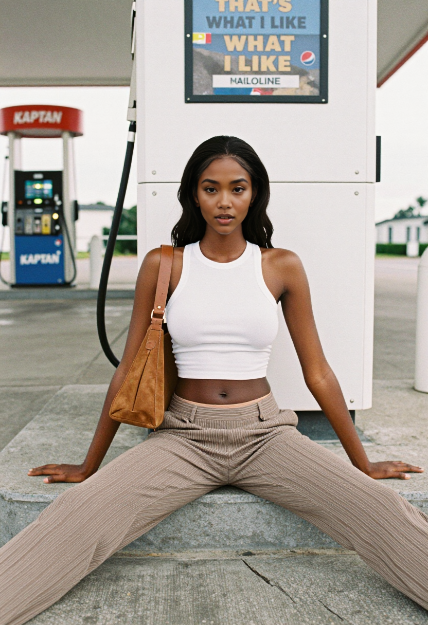 White Tank Top And Beige Pleated Pants
